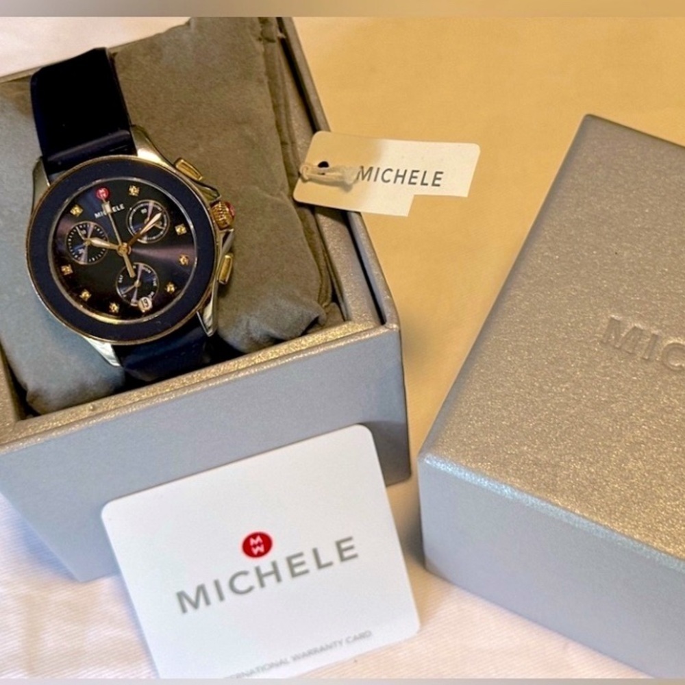 Michele Cape Chronograph Blue Dial Yellow Topaz Markers FULL SET w tags